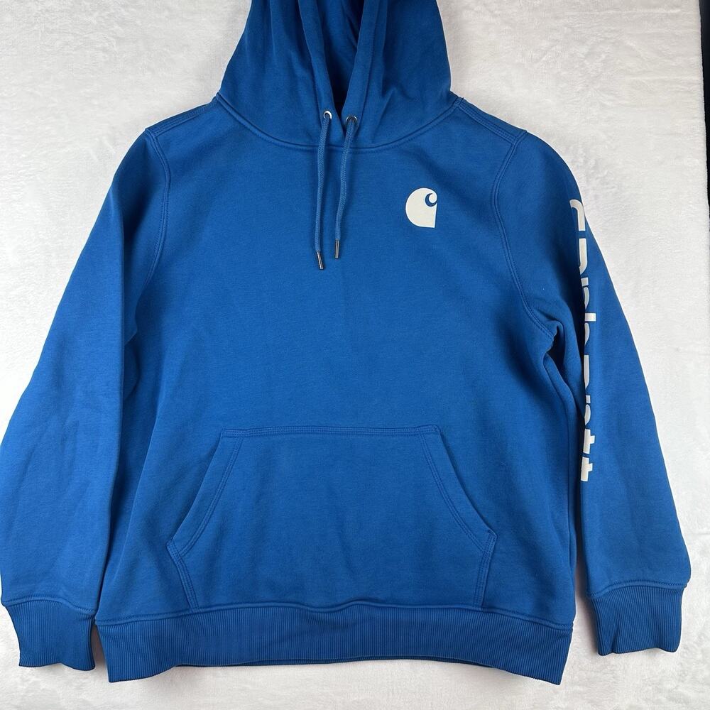 Carhartt Women’s XL Clarksburg Hoodie Blue Logo Sleeve Relaxed Fit BTC BTS